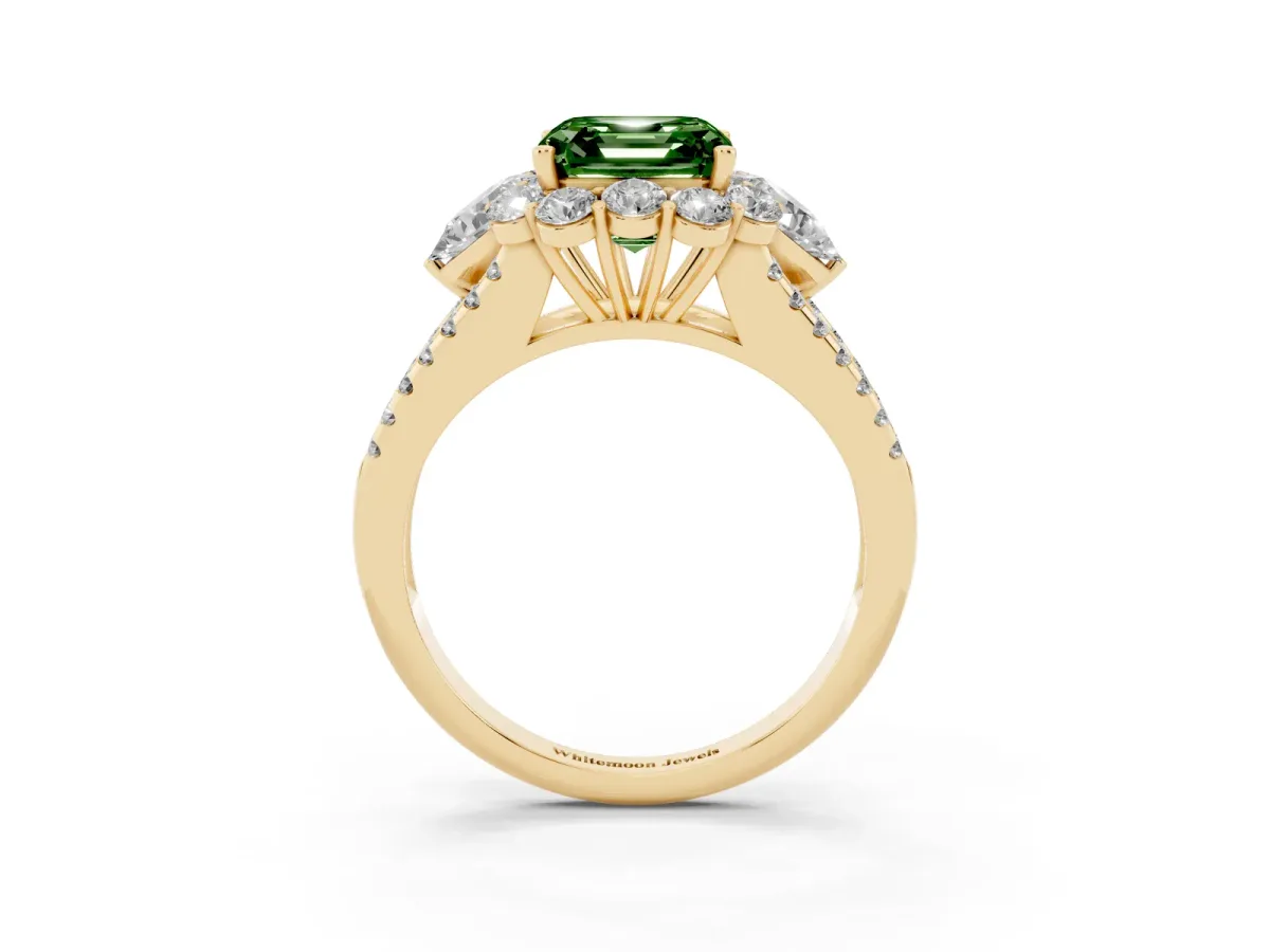Fancy Green Asscher Cut Halo Split Shank Diamond Engagement Ring with Prong Setting Yellow gold