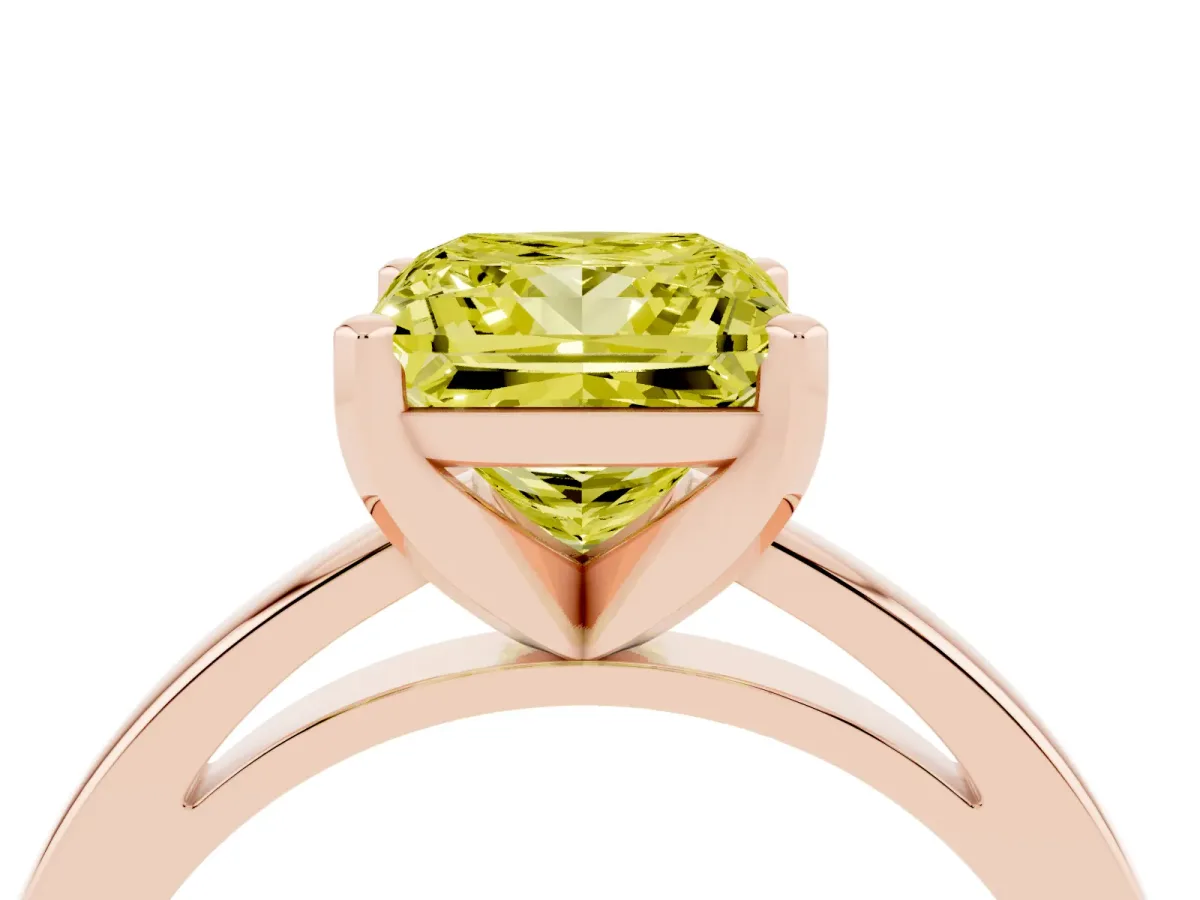 Fancy Yellow Princess Cut Solitaire Diamond Engagement Ring with Four-Prong Setting on a Classic Band Rose gold