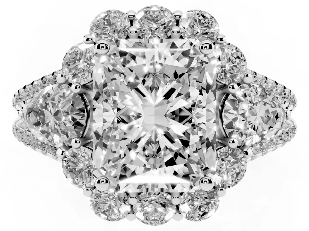 Radiant Cut Halo Split Shank Diamond Engagement Ring with Prong Setting Silver