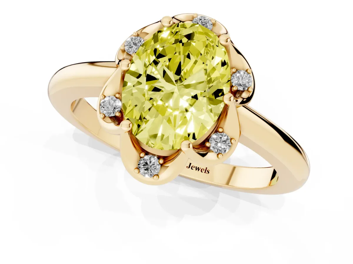 Fancy Yellow Oval Cut Halo Diamond Ring with Round Cluster Setting, Solitaire Band, and Four-Prong Setting Yellow gold