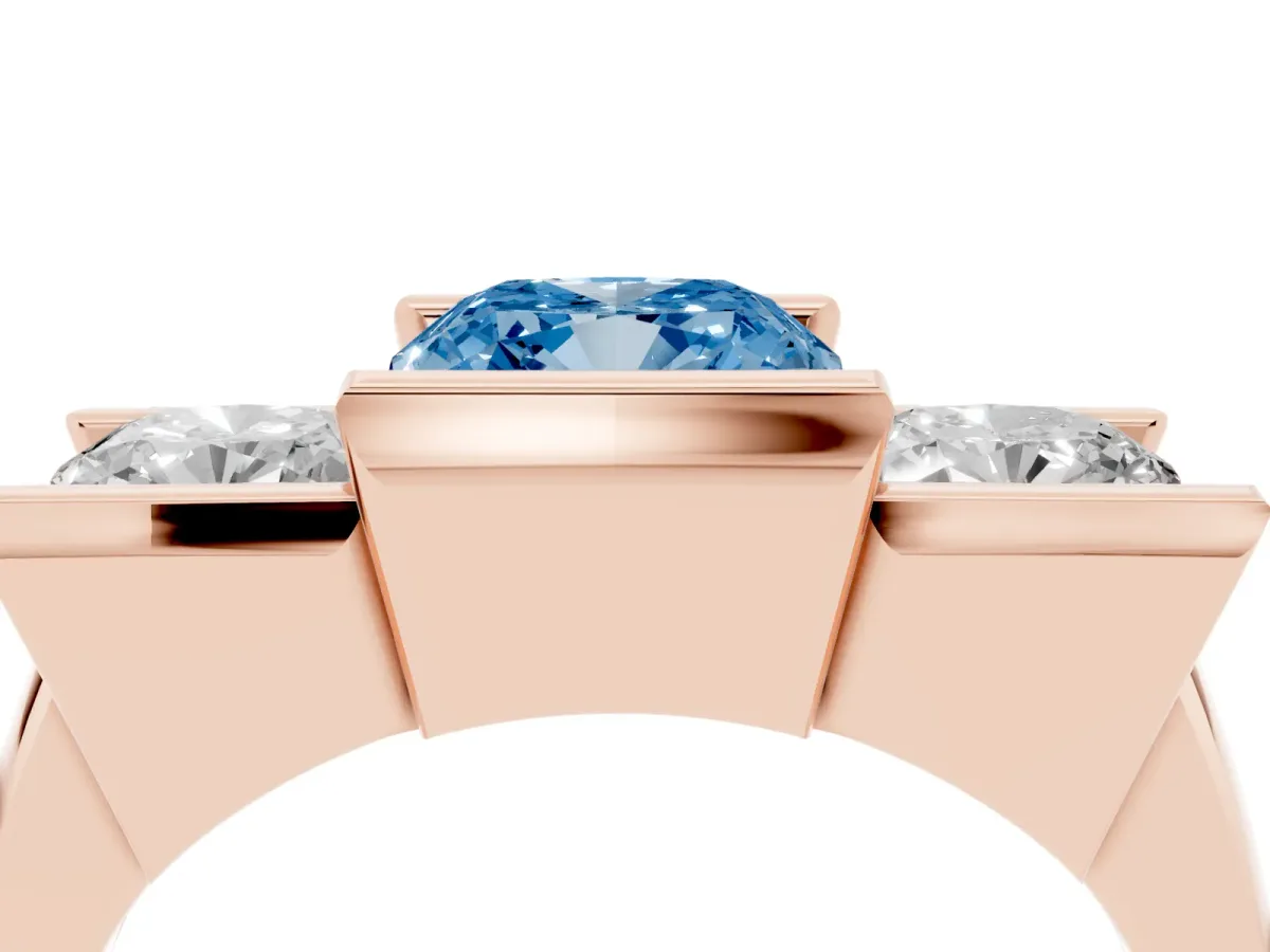 Fancy Blue Three Stone Cushion Cut Cut Channel Set Diamond Ring Rose gold