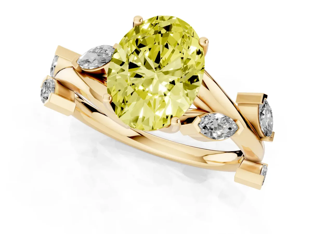 Fancy Yellow Oval Cut Solitaire Twisted Band Marquise Accent Prong Setting Ring Yellow gold