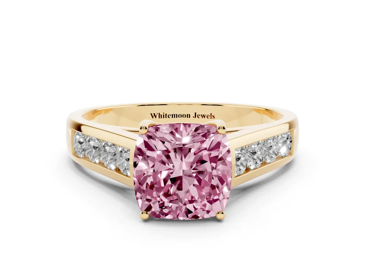 Fancy Pink Cushion Cut Solitaire Channel-Set Diamond Engagement Ring with Four-Prong Setting Yellow gold