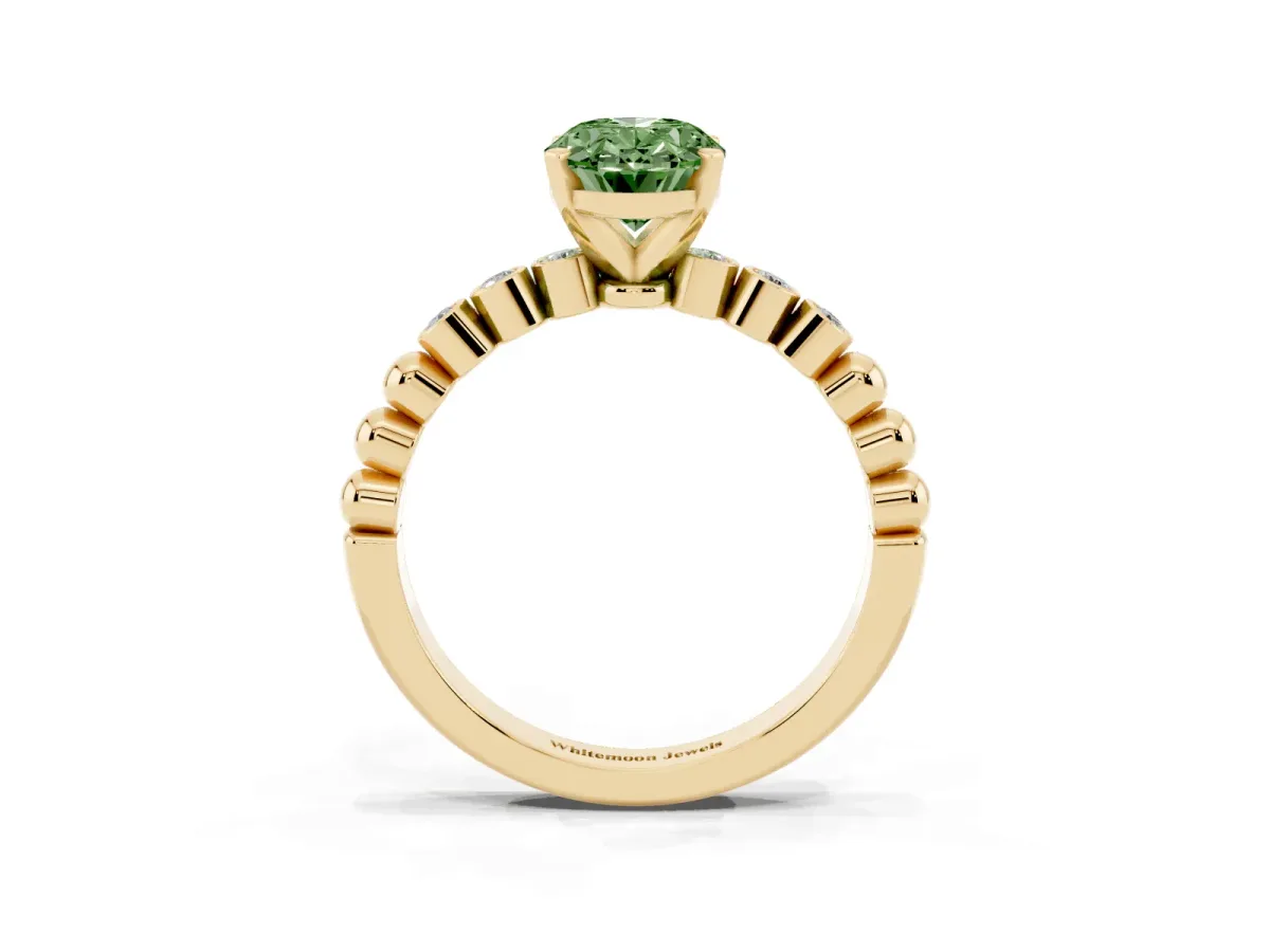 Fancy Green Oval Cut Solitaire Bezel Accent Diamond Engagement Ring with Beaded Band and Four-Prong Setting Yellow gold