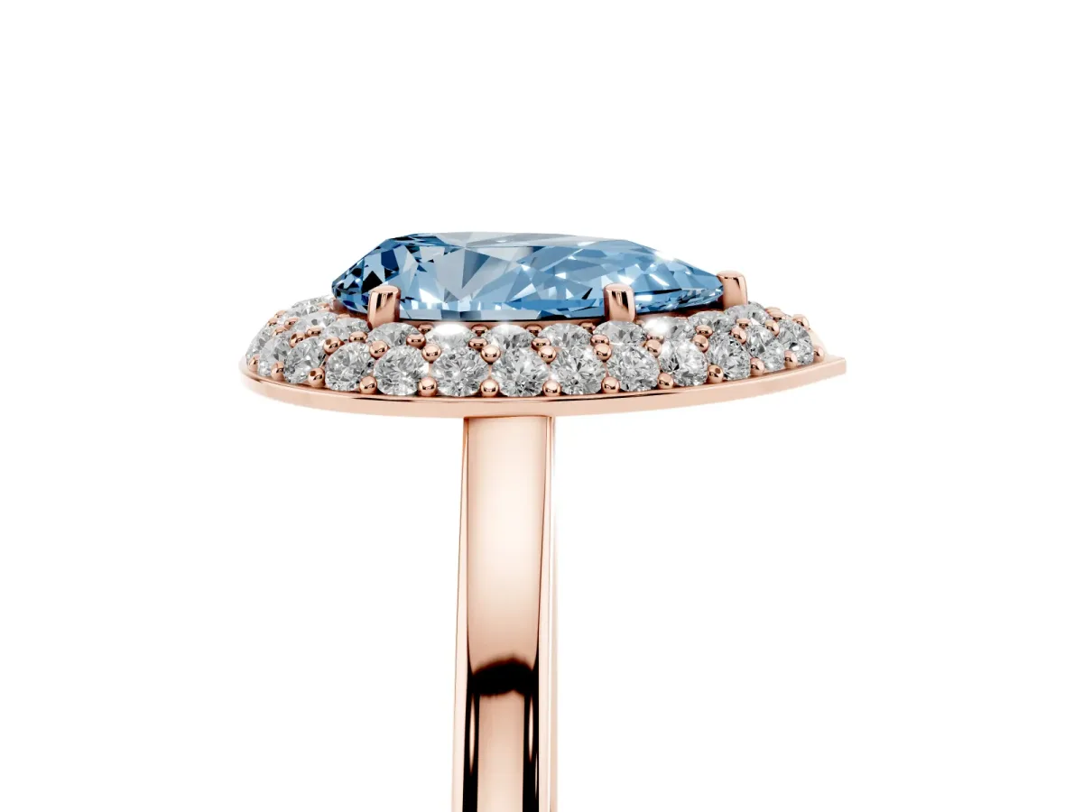 Fancy Blue Pear Cut Halo Diamond Engagement Ring with Solitaire Band and Four-Prong Setting Rose gold