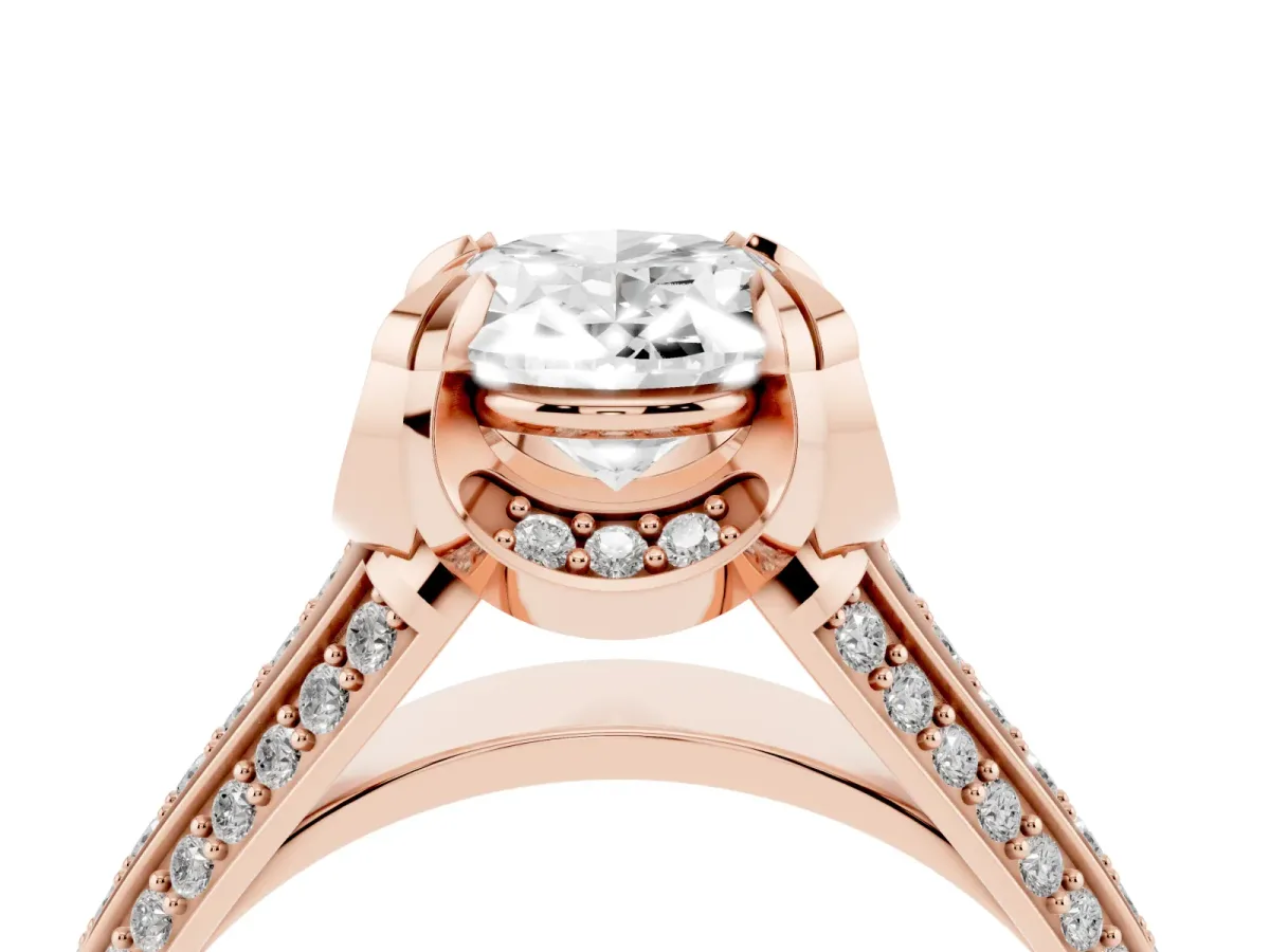 Oval Cut Solitaire Pave Split Shank Ring with Four-Prong Setting Rose gold