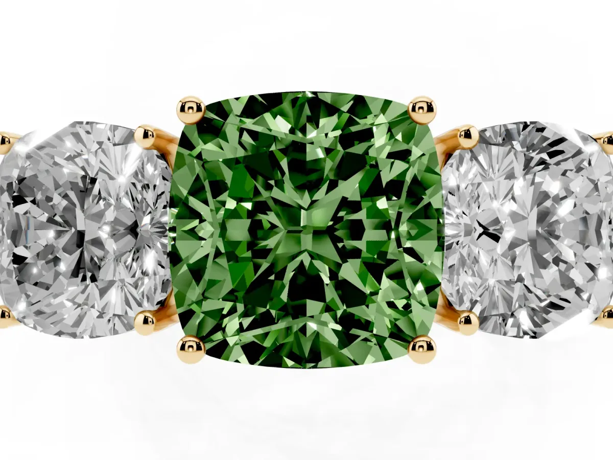 Fancy Green Cushion Cut Diamond Three-Stone Ring with Prong Setting and Textured Band Yellow gold