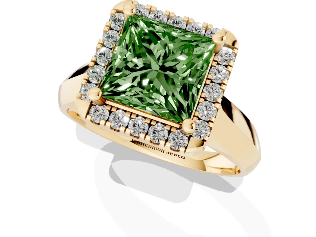 Fancy Green Princess Cut Cut Halo Solitaire Engagement Ring with Square Band and Four-Prong Setting Yellow gold