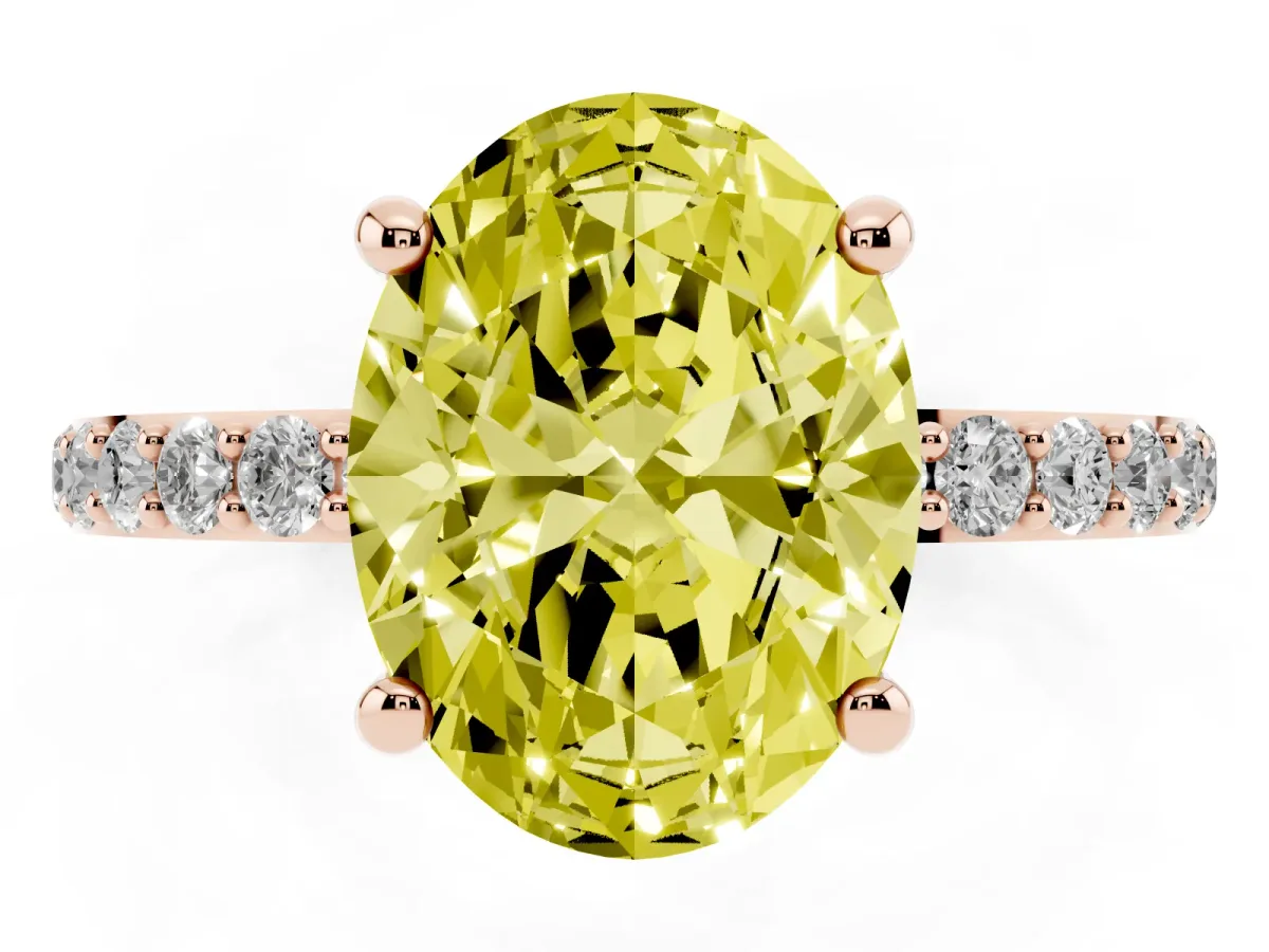 Fancy Yellow Oval Cut Diamond Solitaire Ring with Round Pavé Band and Prong Setting Rose gold