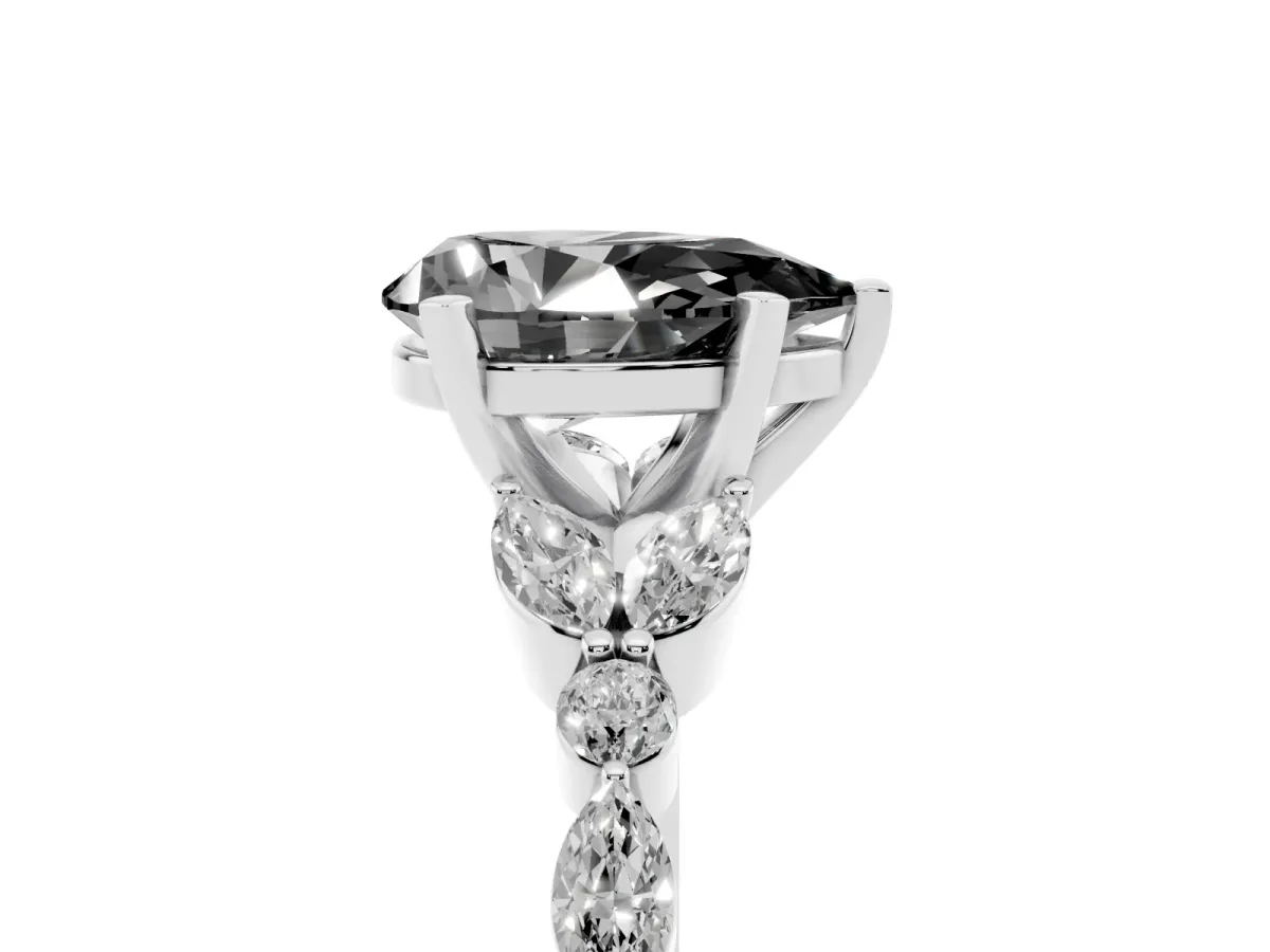 Fancy Black Pear Cut Diamond Solitaire Ring with Side Stones and Four-Prong Setting Platinum