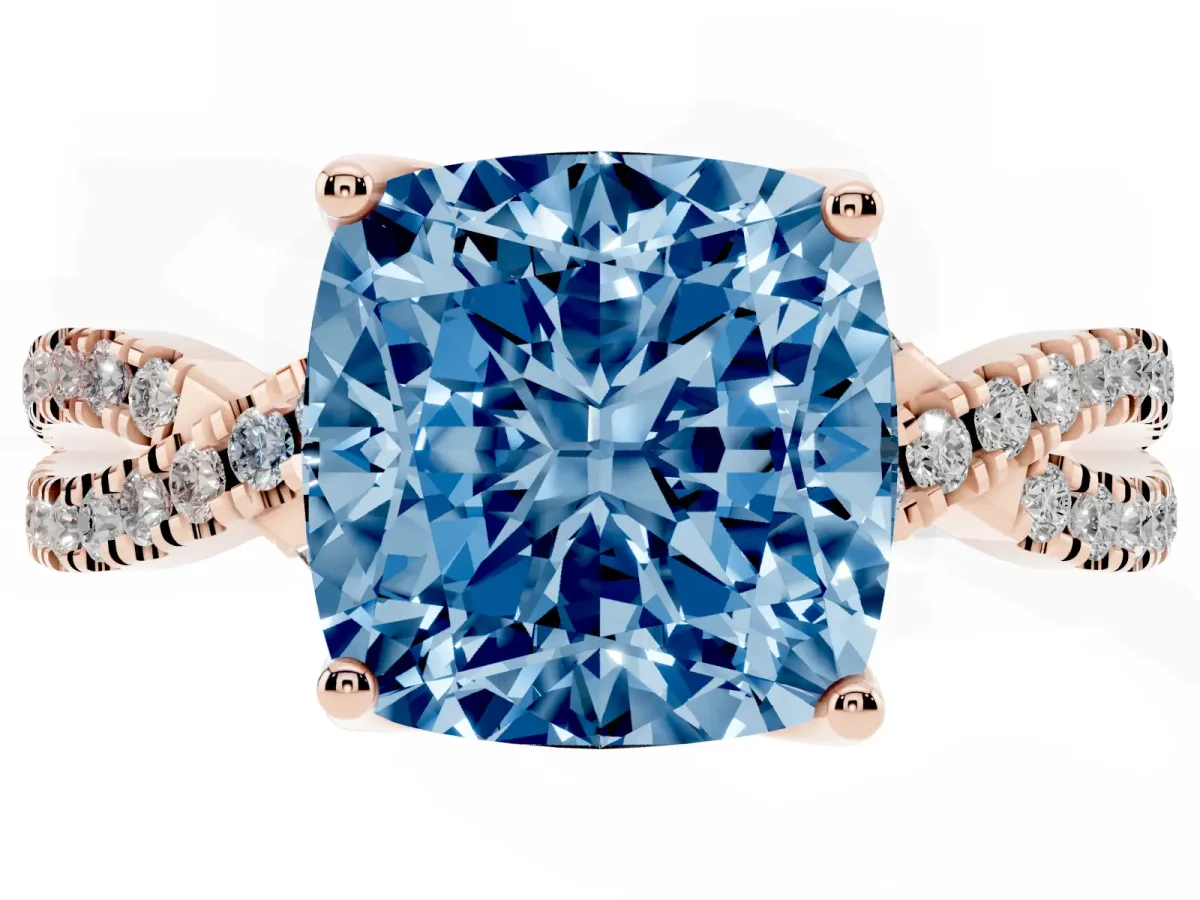 Fancy Blue Cushion Cut Solitaire Twist Pave Diamond Engagement Ring with Prong Setting Rose gold
