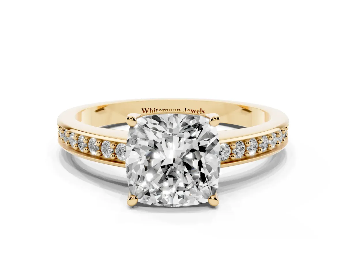 Cushion Cut Solitaire Pavé Band Prong Setting Ring Yellow gold