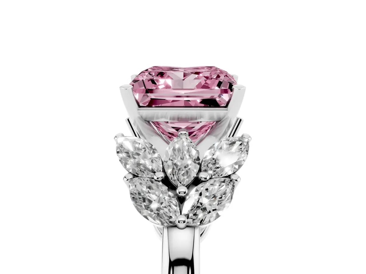 Fancy Pink Princess Cut Diamond Cluster Leaf Design Ring with Prong Setting Silver