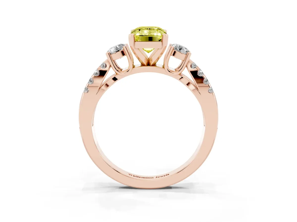 Fancy Yellow Emerald Cut Diamond Three-Stone Ring with Pavé Split Shank and Four-Prong Setting Rose gold