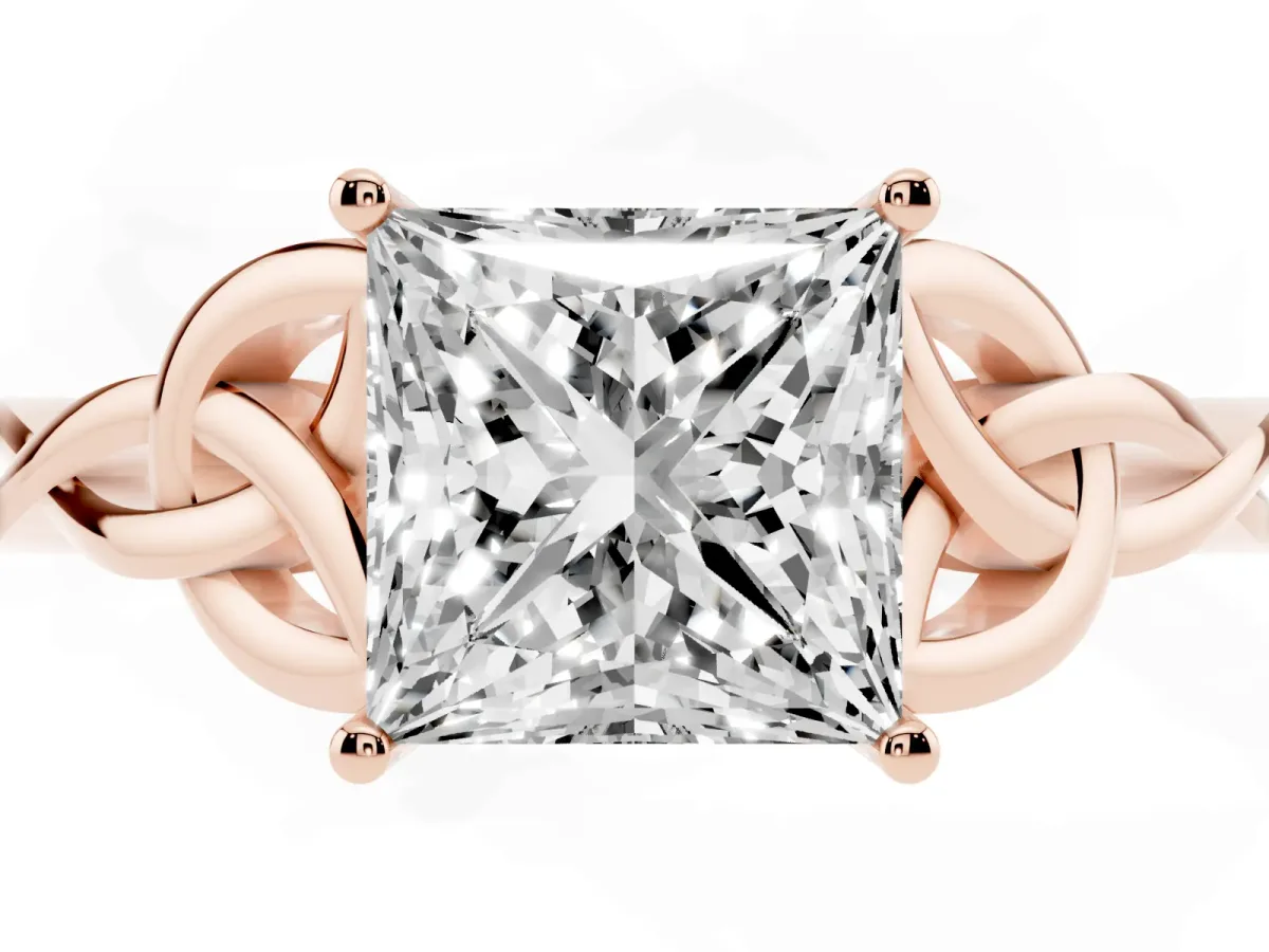 Princess Cut Diamond Solitaire Engagement Ring with Celtic Knot Band and Four-Prong Setting Rose gold