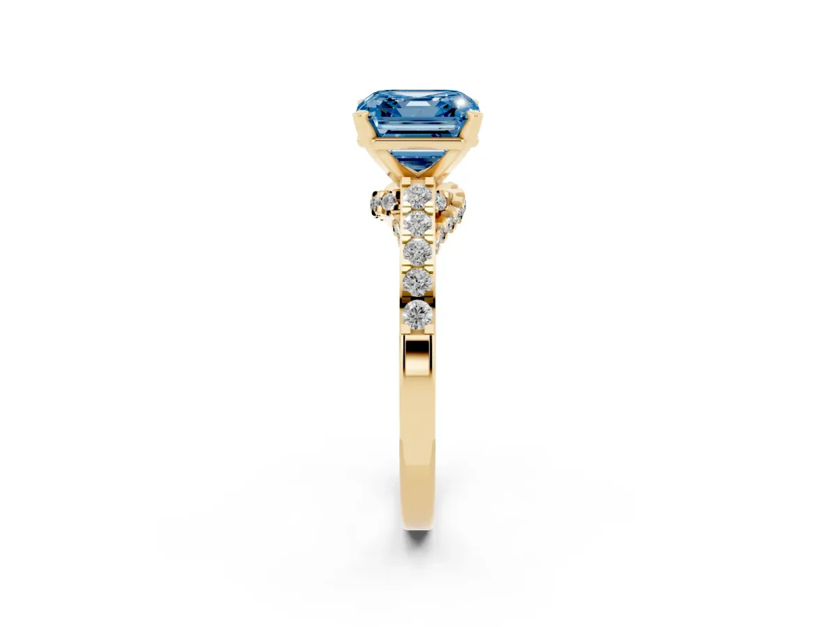 Fancy Blue Asscher Cut Diamond Solitaire Ring with Crossover Gallery and Round Pavé Band Yellow gold