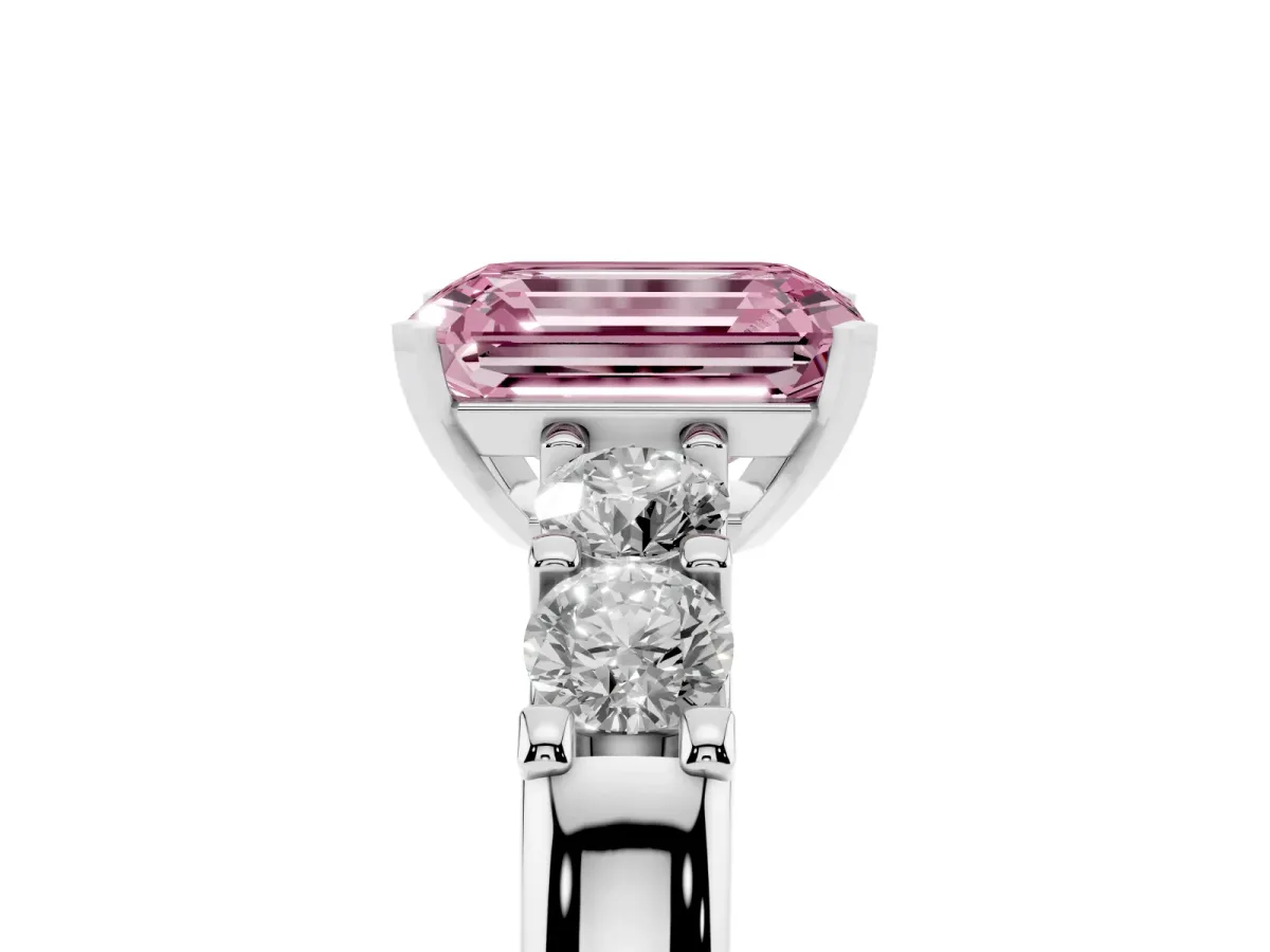 Fancy Pink Emerald Cut Brilliant Cut Diamond Five-Stone Prong Set Engagement Ring with Channel Band Platinum
