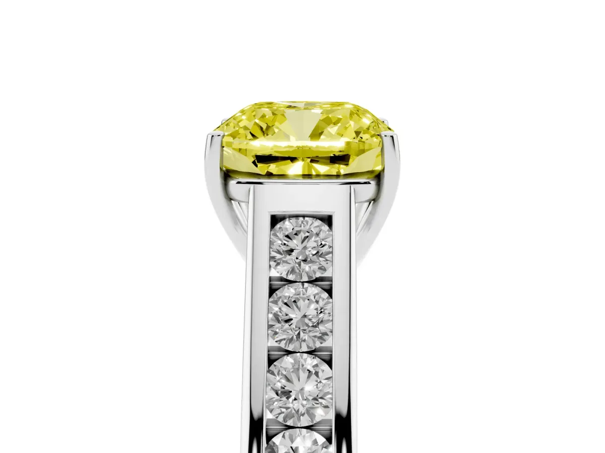 Fancy Yellow Cushion Cut Brilliant Channel-Set Solitaire Ring with Four-Prong Setting Platinum