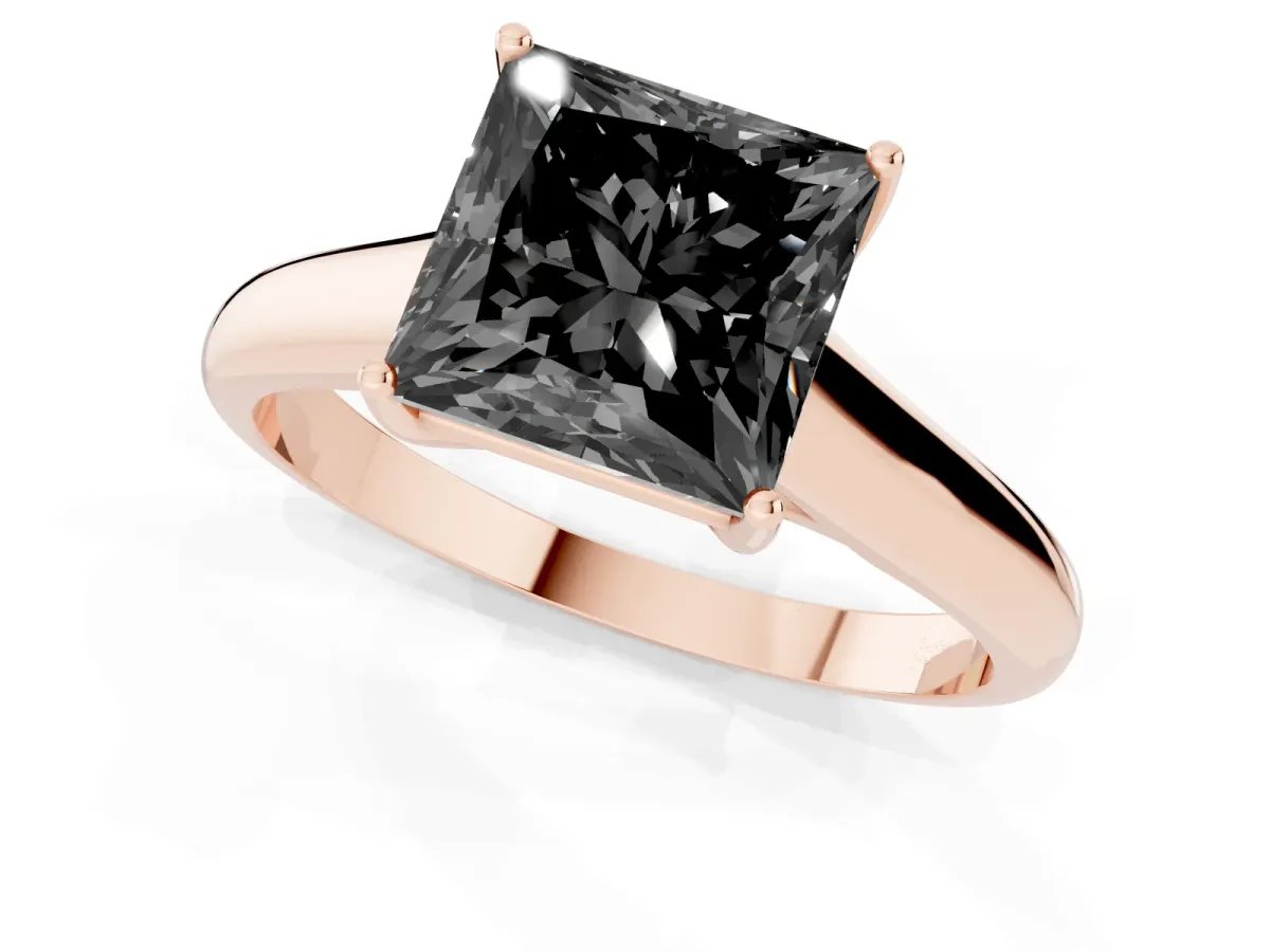 Fancy Black Princess Cut Solitaire Engagement Ring with Tapered Band and Four-Prong Setting Rose gold