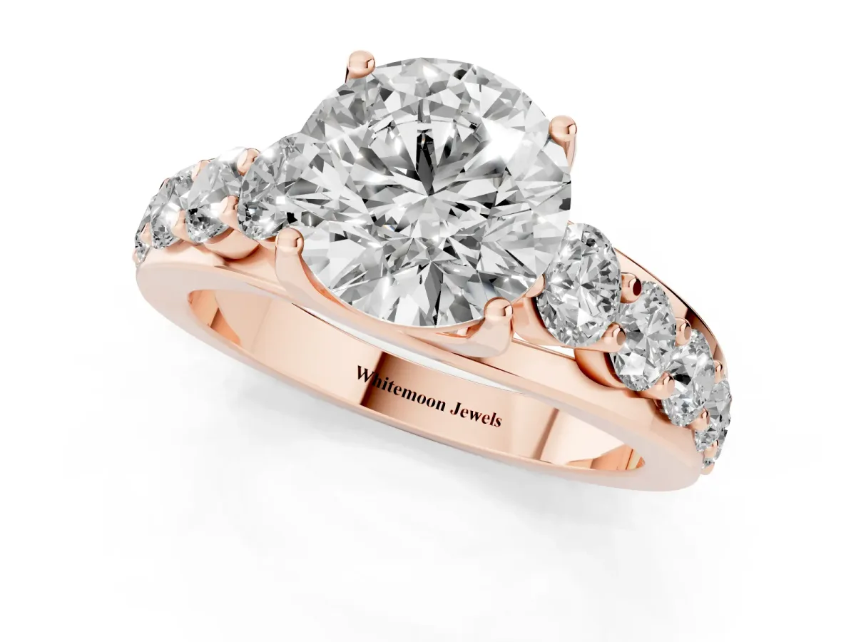 Round Cut Diamond Engagement Ring with Pavé Band and Four-Prong Setting Rose gold
