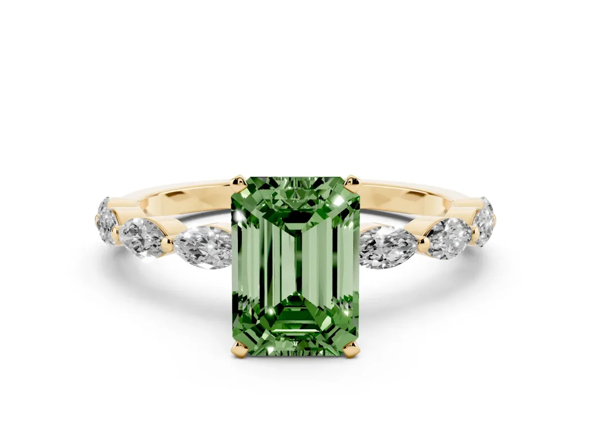 Fancy Green Emerald Cut Diamond Ring with Marquise Side Stones and Prong Setting Yellow gold