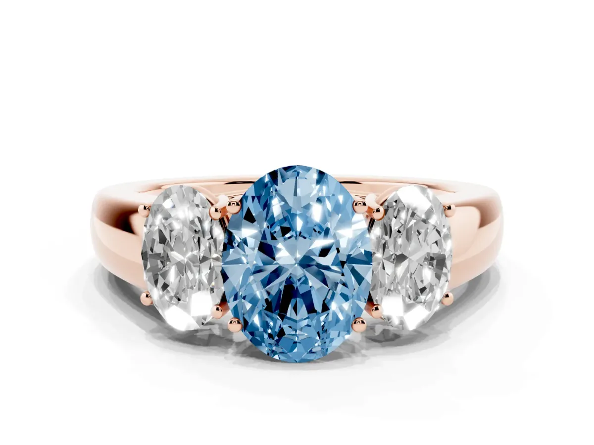 Fancy Blue Three-Stone Oval Cut Cut Diamond Ring with Prong Setting and Classic Band Rose gold