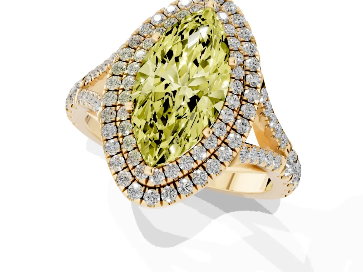 Fancy Yellow Marquise Cut Cut Double Halo Split Shank Diamond Ring with Prong Setting Yellow gold