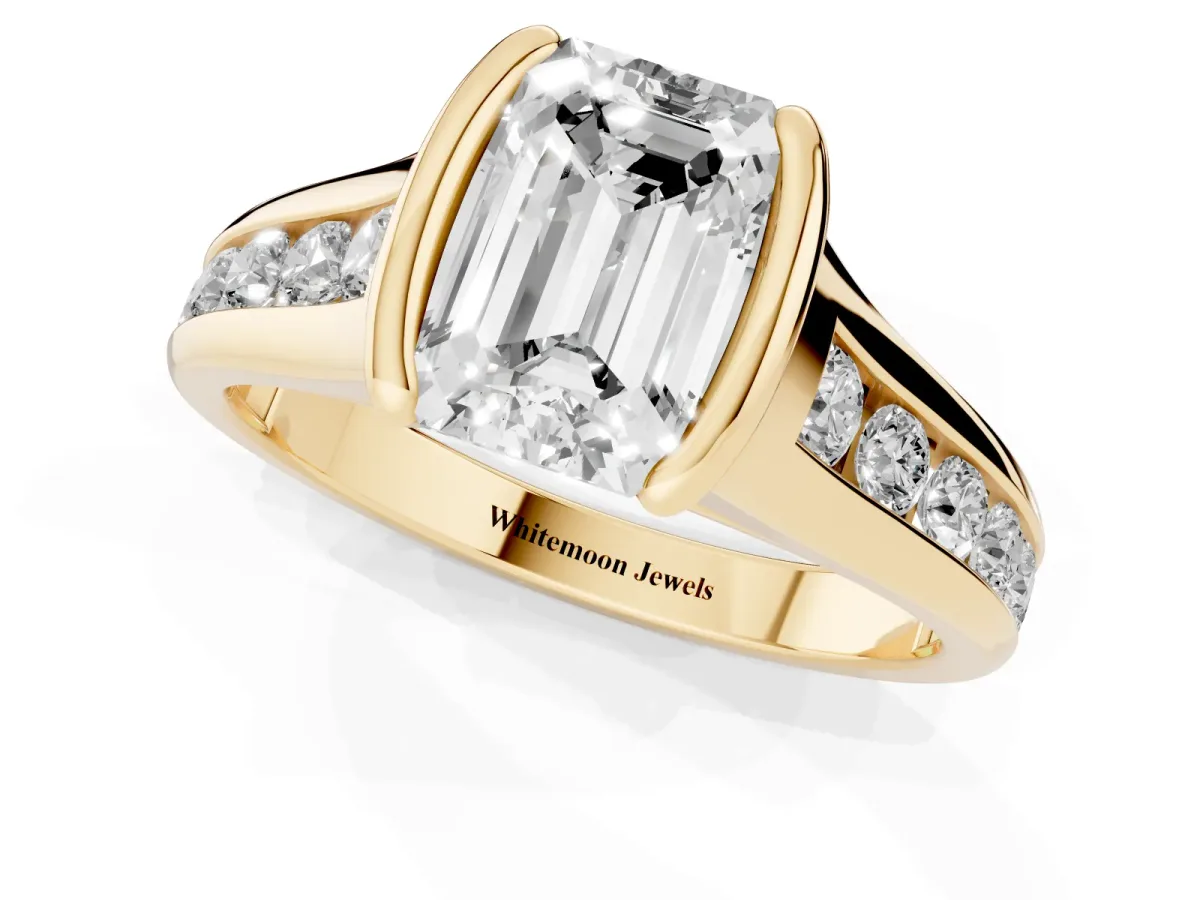 Emerald Cut Solitaire Bezel-Set Diamond Ring with Channel-Set Band Yellow gold