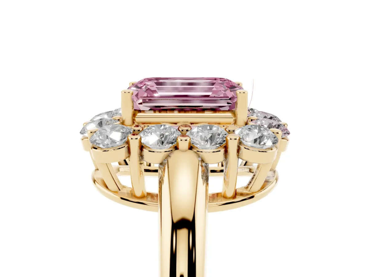Fancy Pink Emerald Cut Halo Cluster Diamond Engagement Ring with Prong Setting and Polished Band Yellow gold