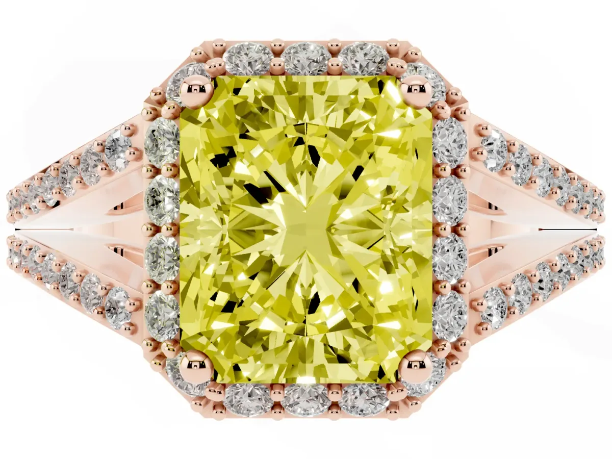 Fancy Yellow Radiant Cut Halo Split Shank Pave Diamond Ring with Four-Prong Setting Rose gold