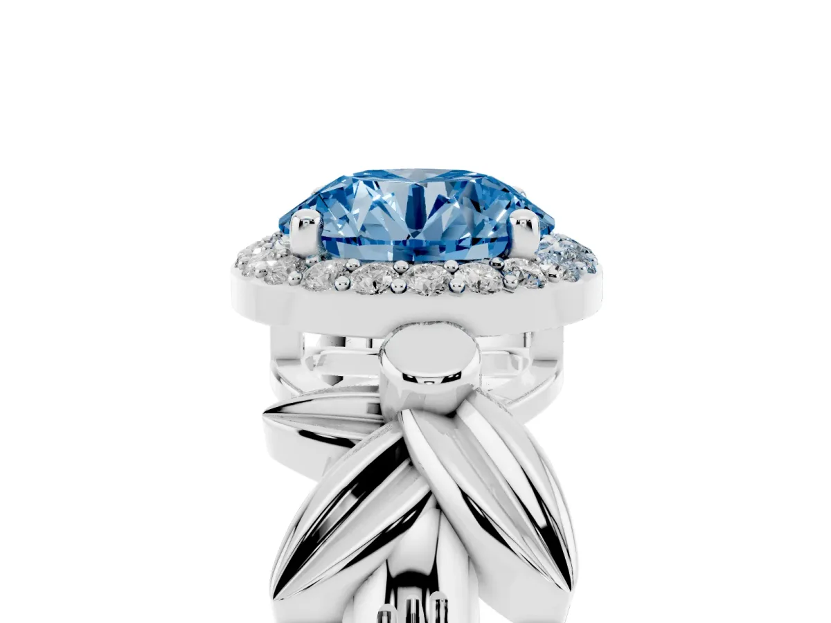 Fancy Blue Round Cut Halo Diamond Floral Band with Four-Prong Setting Platinum