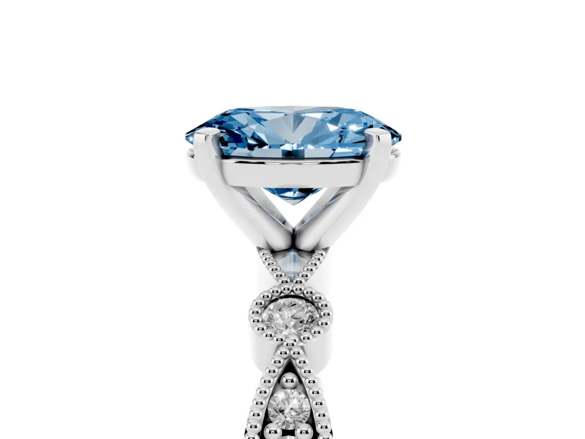 Fancy Blue Oval Cut Milgrain Bezel Diamond Engagement Ring with Solitaire Prong Setting Silver