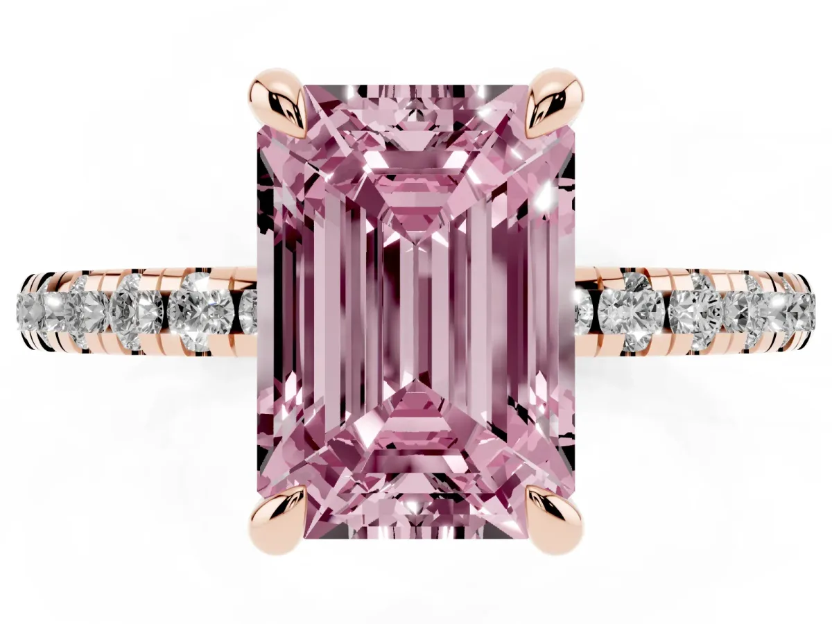 Fancy Pink Emerald Cut Diamond Brilliant Solitaire Ring with Pavé Band and Four-Prong Setting Rose gold