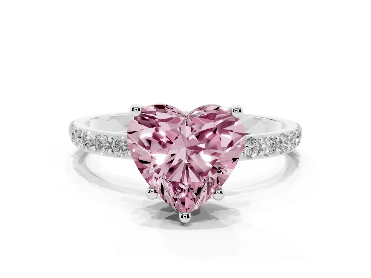 Fancy Pink Heart Cut Diamond Solitaire Ring with Round Pavé Shoulders and Prong Setting Silver
