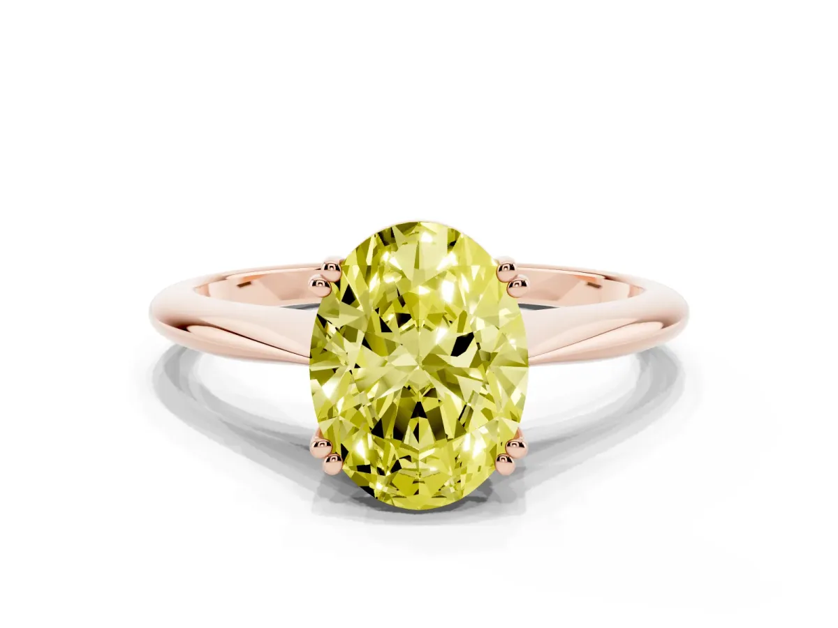 Fancy Yellow Oval Cut Solitaire Diamond Ring with Six-Prong Setting and Classic Band Rose gold