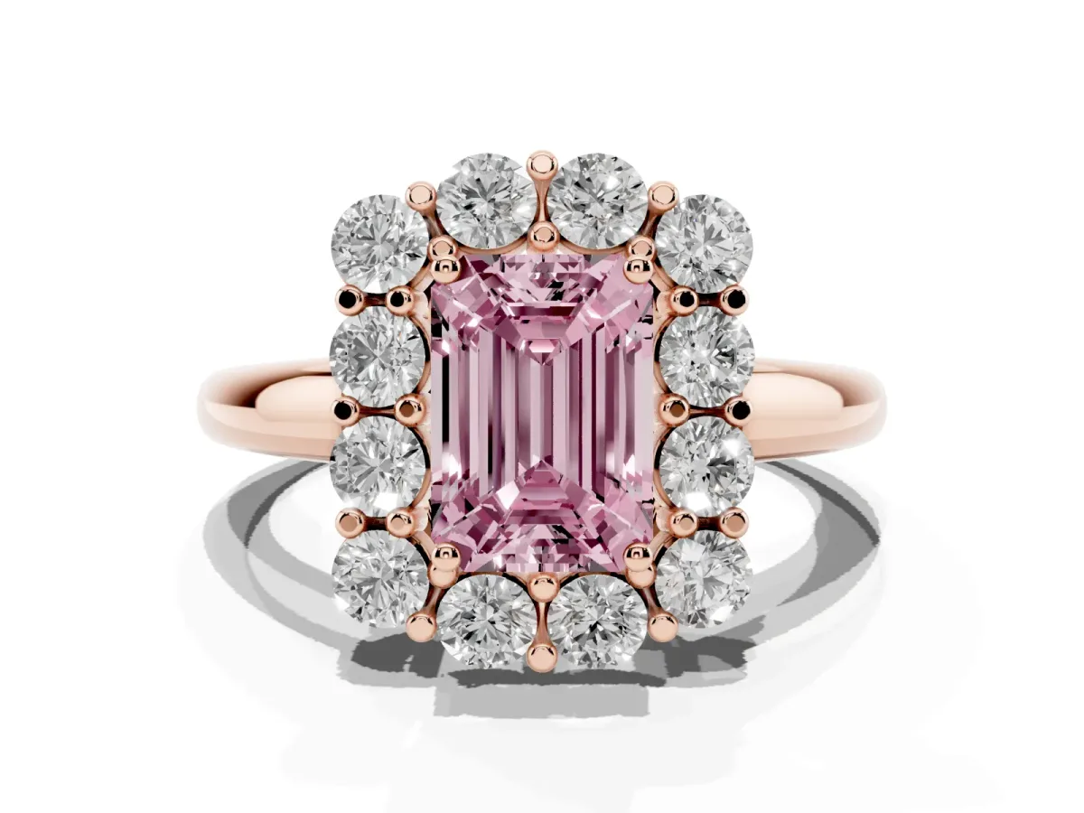 Fancy Pink Emerald Cut Halo Cluster Diamond Engagement Ring with Prong Setting and Polished Band Rose gold