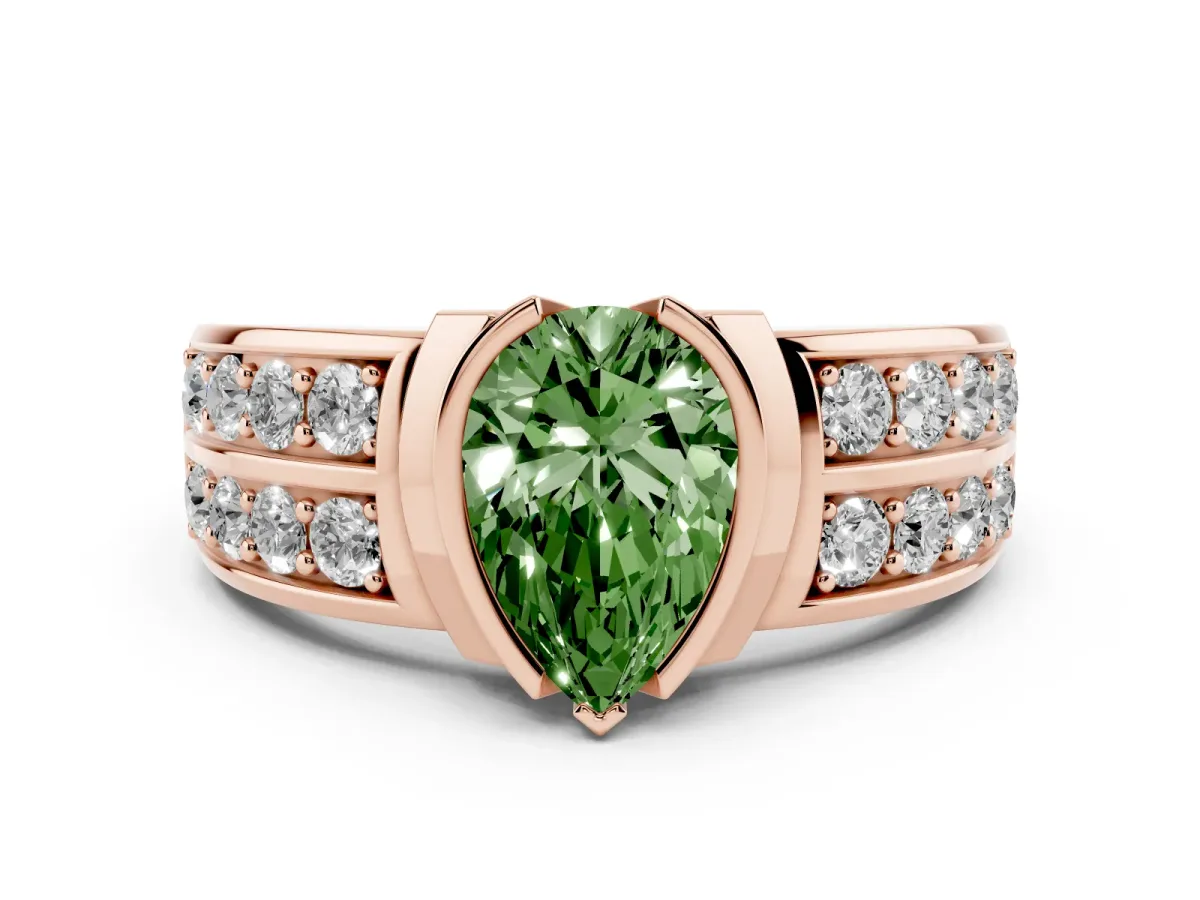 Fancy Green Pear Cut Brilliant Diamond Channel Set Wide Band Ring with Bezel Setting Rose gold