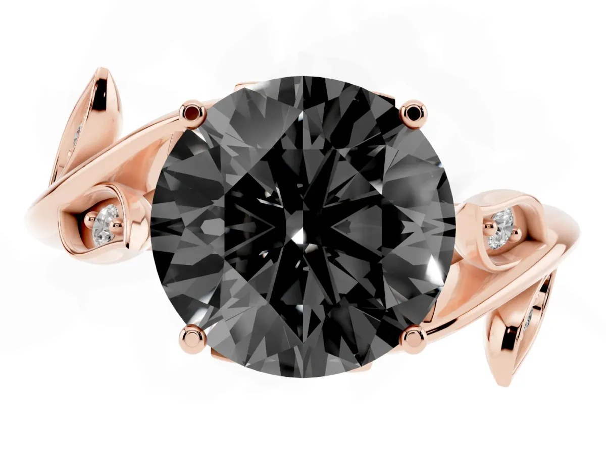 Fancy Black Round Cut Solitaire Twist Engagement Ring with Leaf Accents and Prong Setting Rose gold