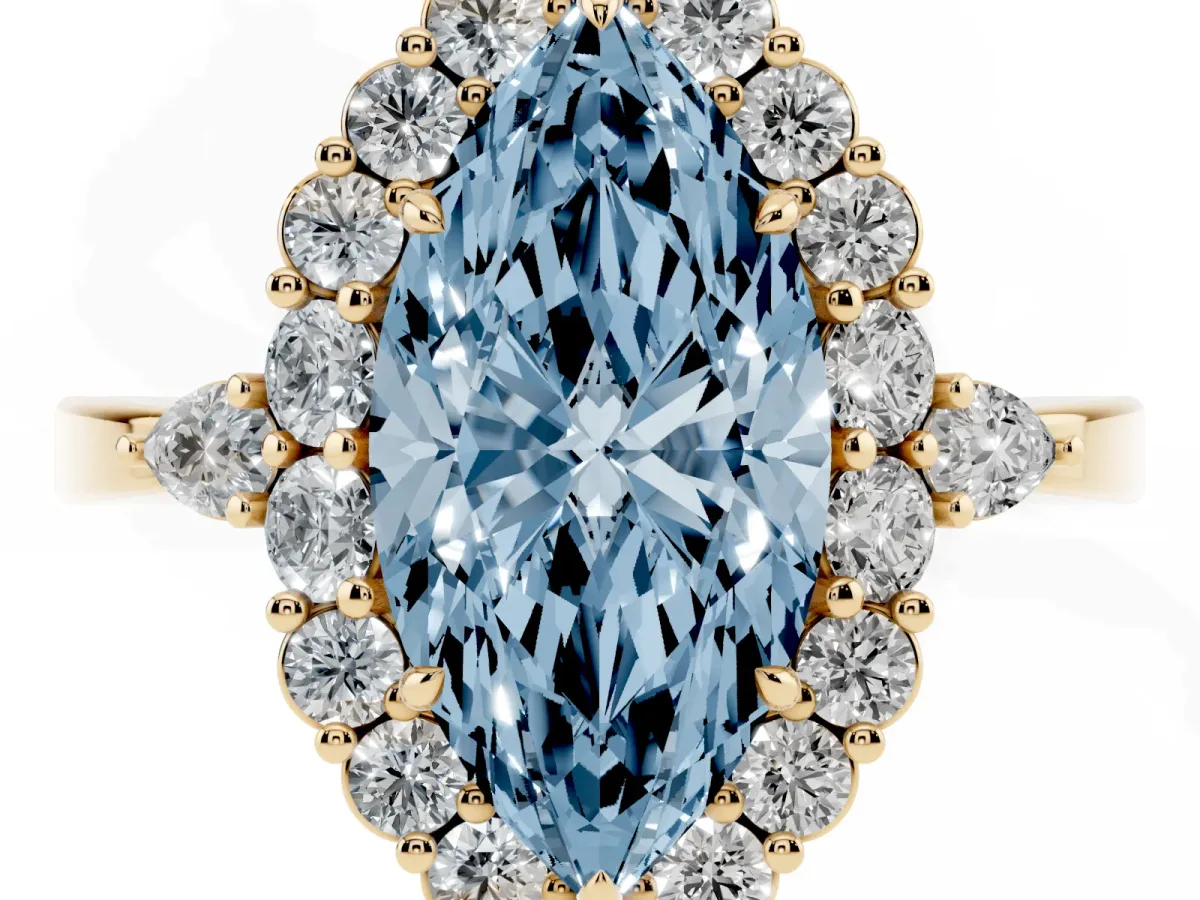 Fancy Blue Marquise Cut Diamond Halo Ring with Pear Side Stones and Prong Setting Yellow gold