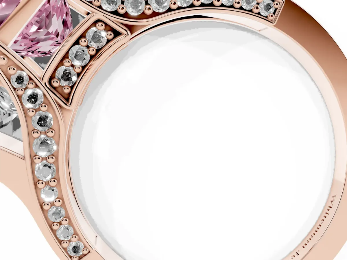 Fancy Pink Princess Cut Diamond Three-Stone Ring with Channel Set Band and Four-Prong Setting Rose gold