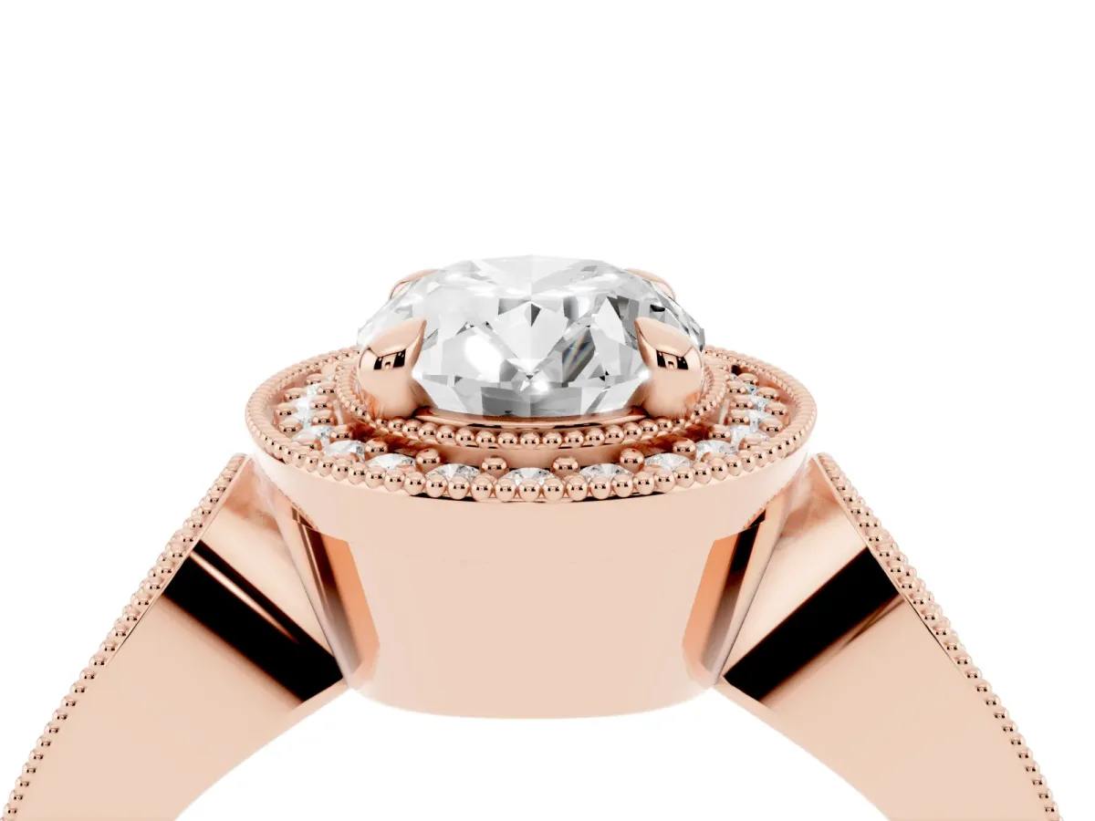 Oval Cut Halo Split Shank Milgrain Diamond Ring Rose gold
