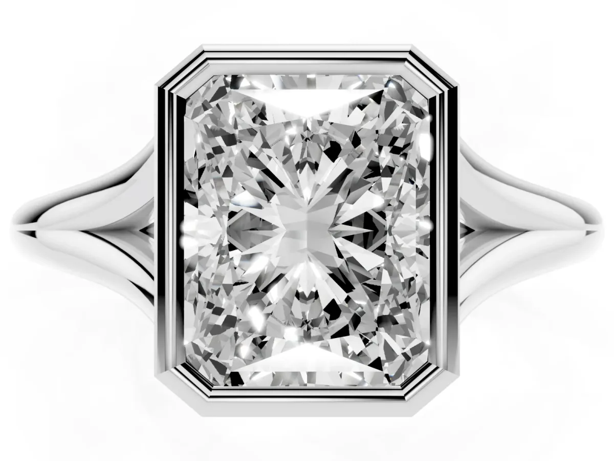 Bezel Set Radiant Cut Cut Solitaire Ring with Tapered Band Silver