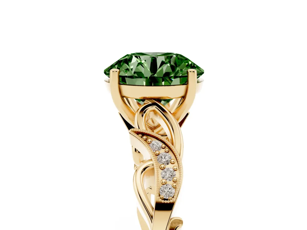 Fancy Green Round Cut Solitaire Vine Band with Milgrain Prong Setting Yellow gold