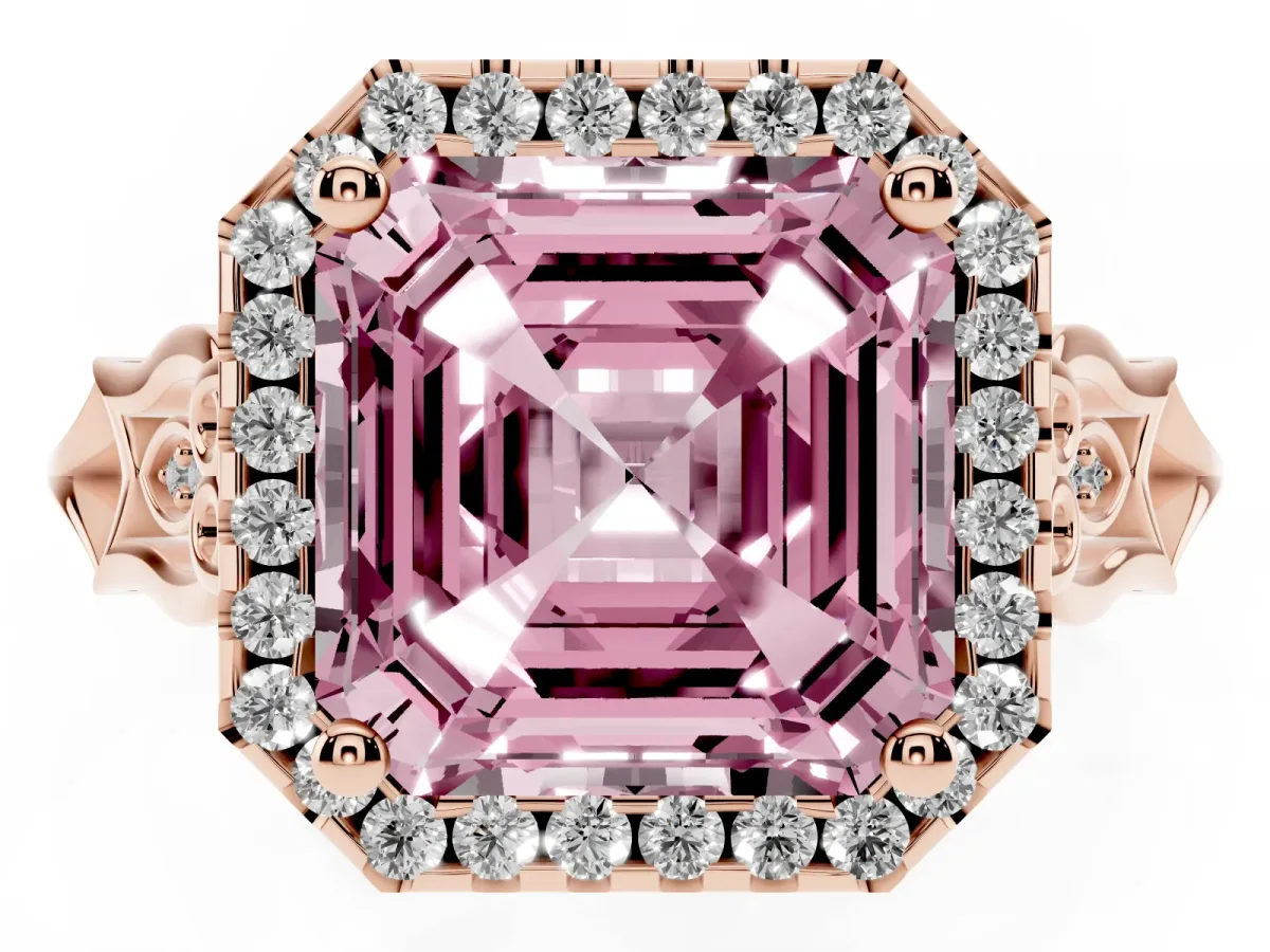 Fancy Pink Asscher Cut Halo Diamond Engagement Ring with Filigree Band and Four-Prong Setting Rose gold