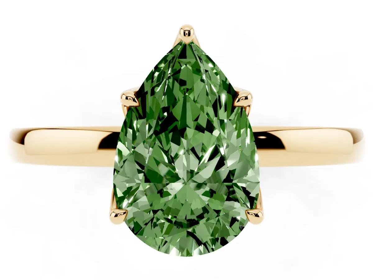 Fancy Green Pear Cut Diamond Solitaire Ring with Thin Band and Prong Setting Yellow gold