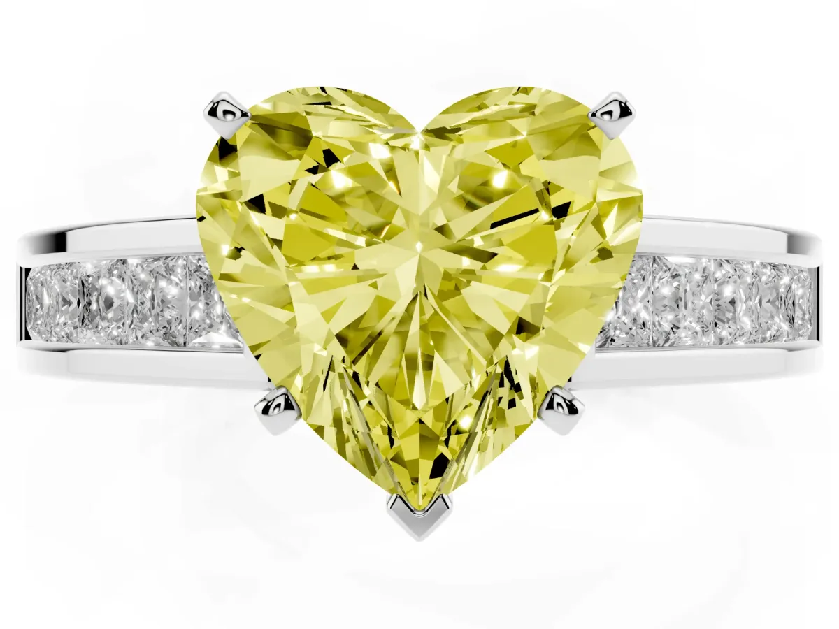 Fancy Yellow Heart Cut Solitaire Diamond Ring with Channel-Set Band and Four-Prong Setting Silver