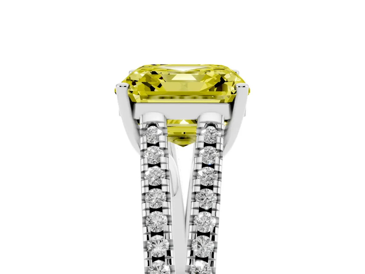 Fancy Yellow Asscher Cut Diamond Solitaire Engagement Ring with Split Shank Pavé Band Silver