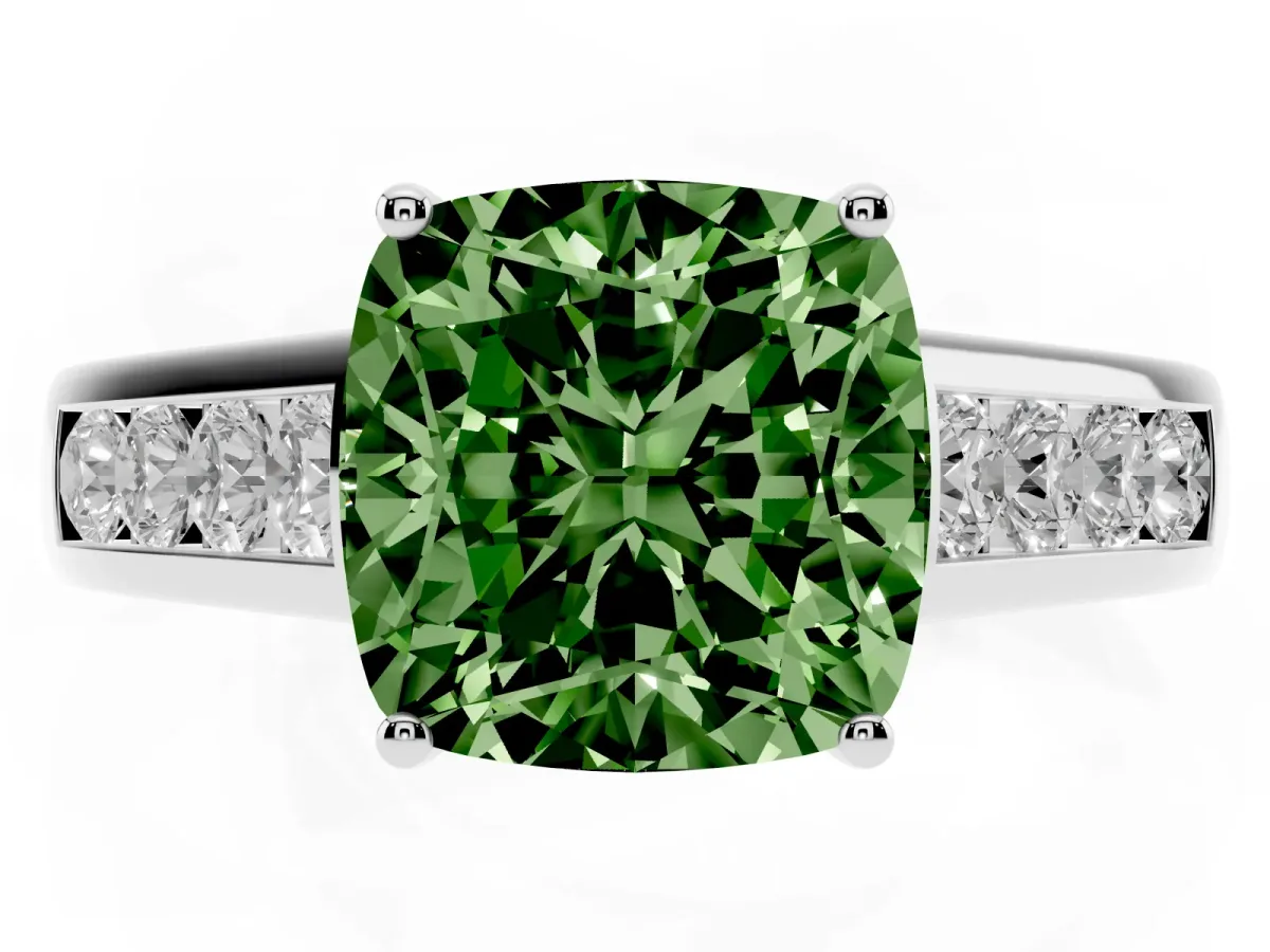 Fancy Green Cushion Cut Solitaire Channel-Set Diamond Engagement Ring with Four-Prong Setting Silver