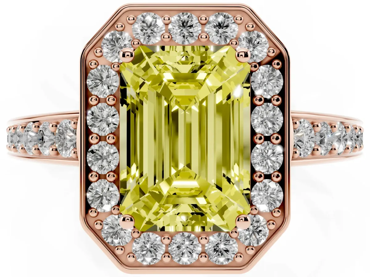 Fancy Yellow Emerald Cut Halo Pavé Diamond Engagement Ring with Bezel Setting Rose gold