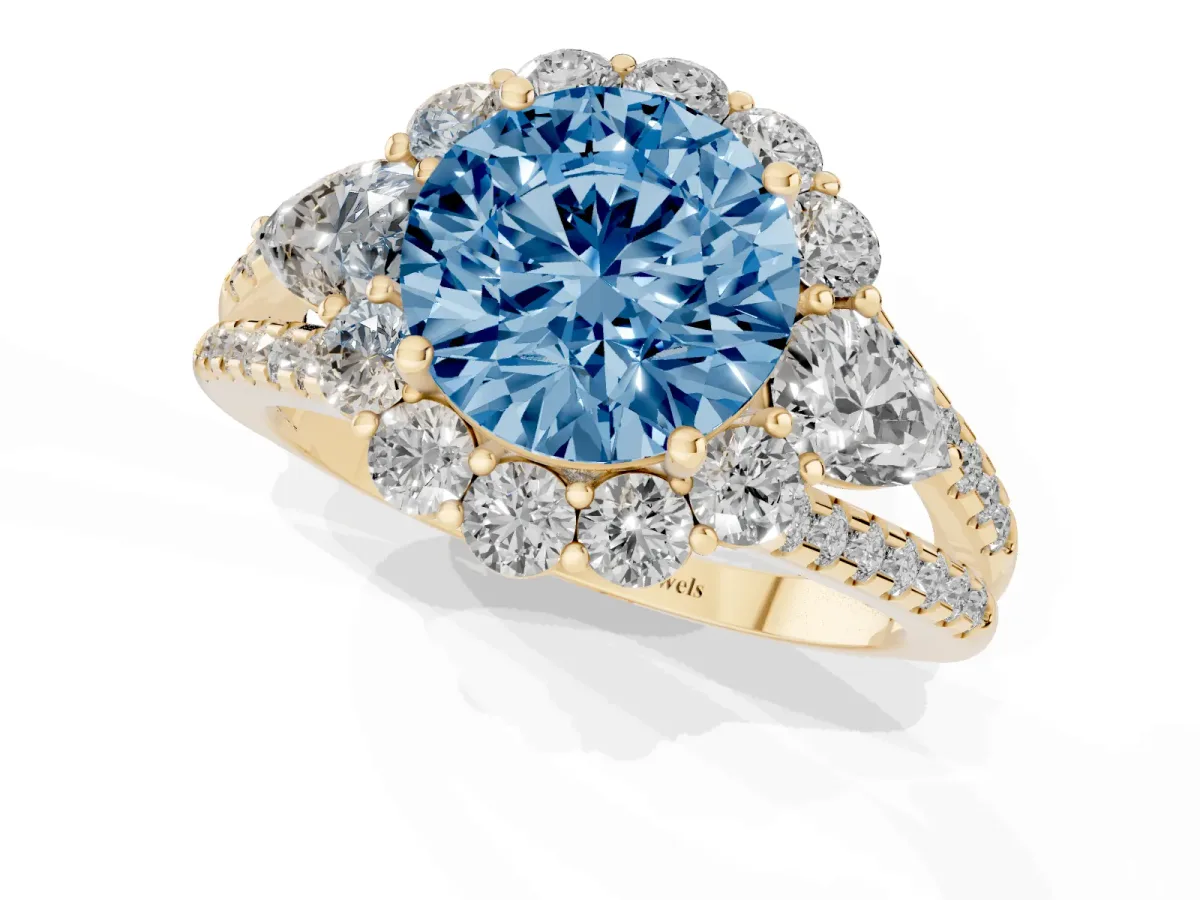 Fancy Blue Round Cut Halo Split Shank Diamond Engagement Ring with Prong Setting Yellow gold